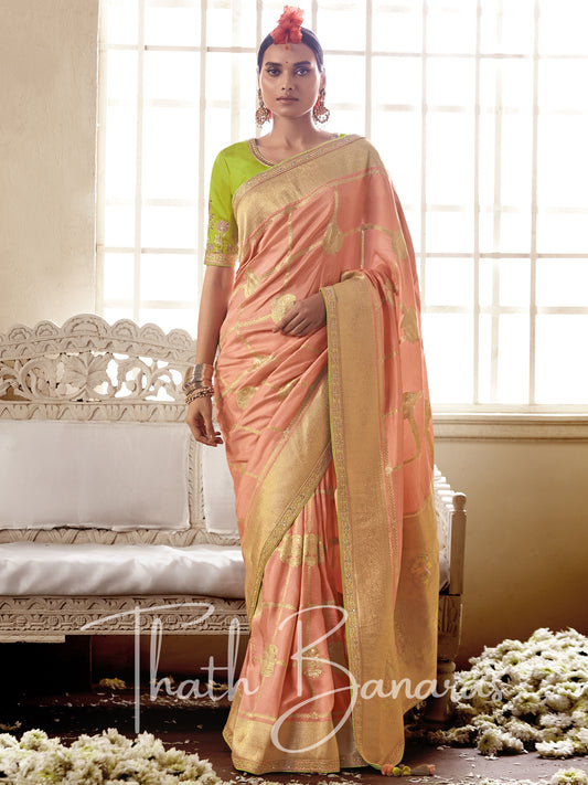 Peach and green Pure Dola Silk Saree with Fancy Lace Border