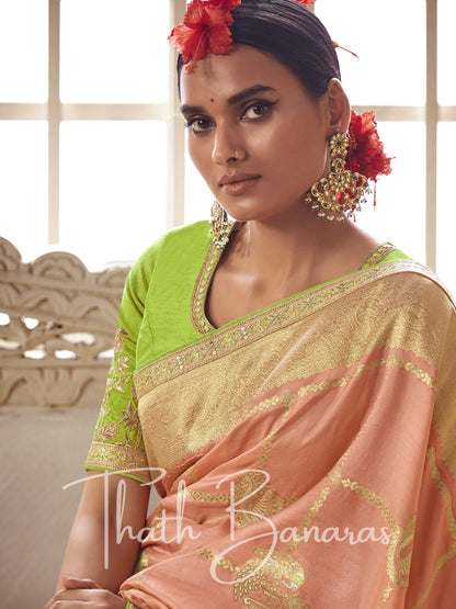 Peach and green Pure Dola Silk Saree with Fancy Lace Border