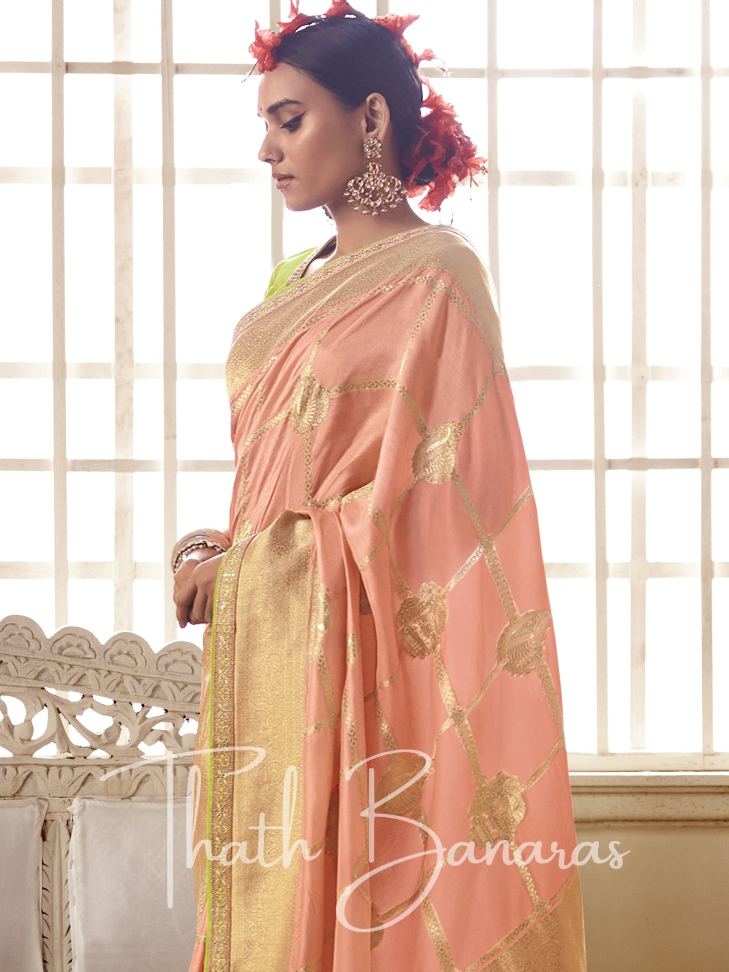 Peach and green Pure Dola Silk Saree with Fancy Lace Border