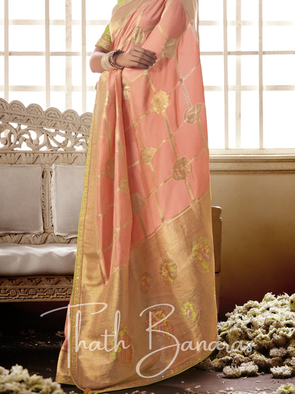 Peach and green Pure Dola Silk Saree with Fancy Lace Border