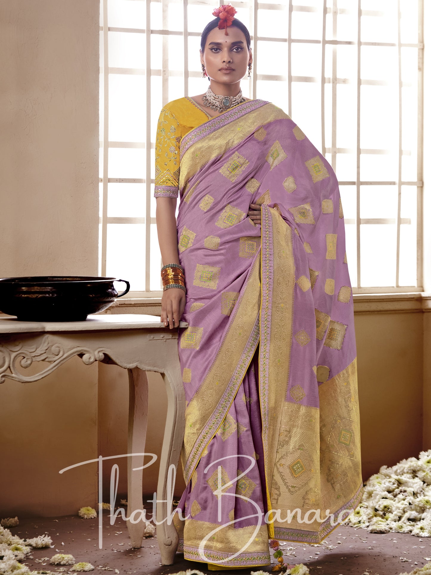 Violet and yellow Pure Dola Silk Saree with Fancy Lace Border