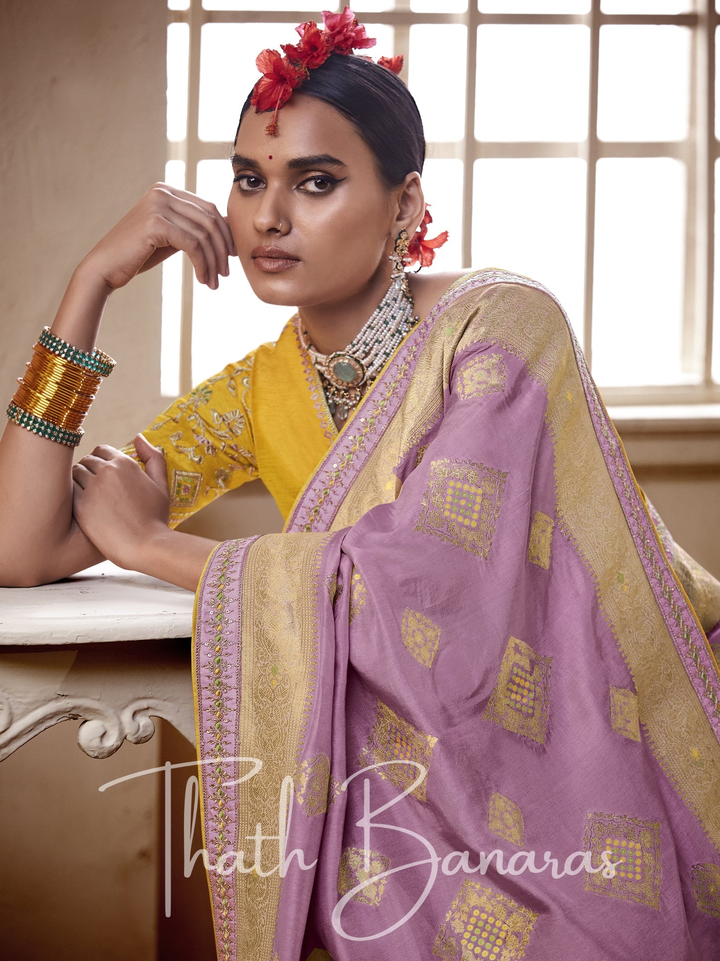 Violet and yellow Pure Dola Silk Saree with Fancy Lace Border