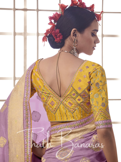 Violet and yellow Pure Dola Silk Saree with Fancy Lace Border