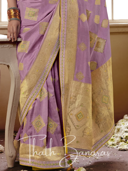 Violet and yellow Pure Dola Silk Saree with Fancy Lace Border