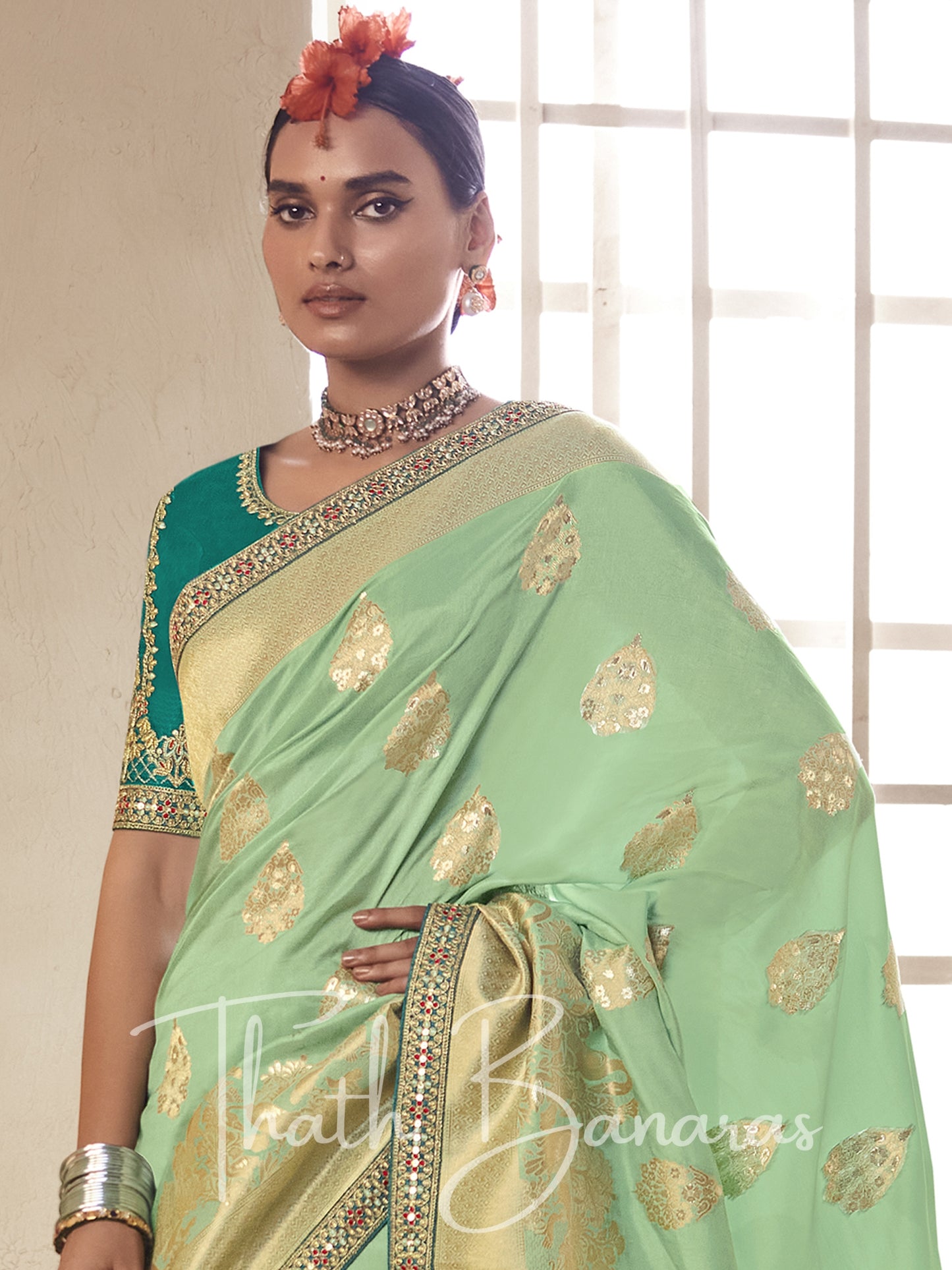 Sea green Pure Dola Silk Saree with Fancy Lace Border