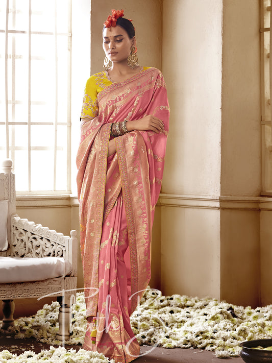 Pink and yellow Pure Dola Silk Saree with Fancy Lace Border