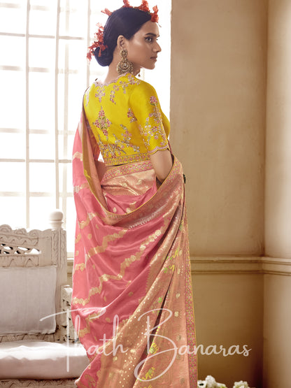 Pink and yellow Pure Dola Silk Saree with Fancy Lace Border