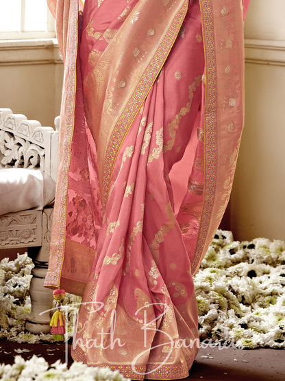 Pink and yellow Pure Dola Silk Saree with Fancy Lace Border