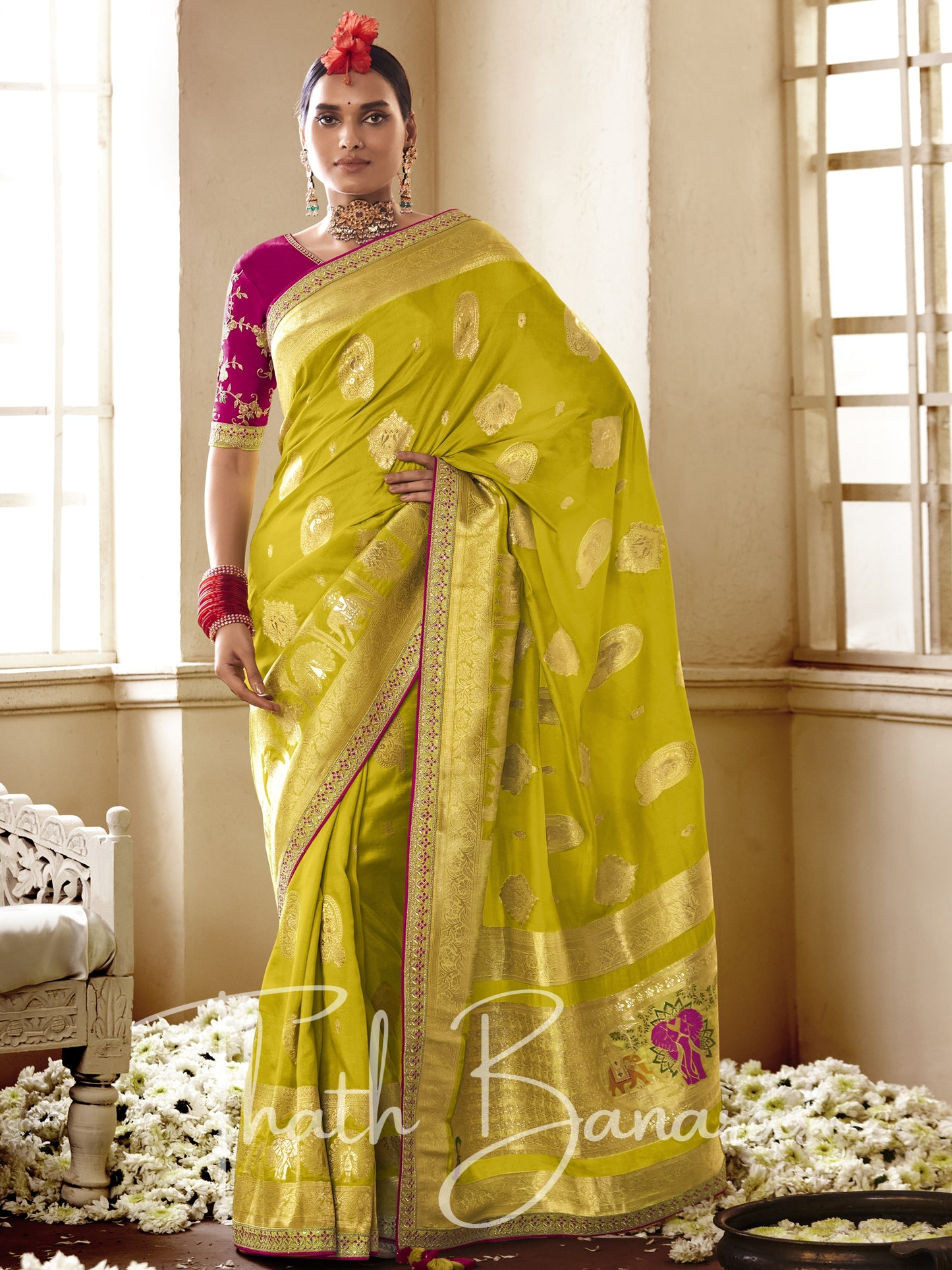 Yellow and magenta Pure Dola Silk Saree with Fancy Lace Border