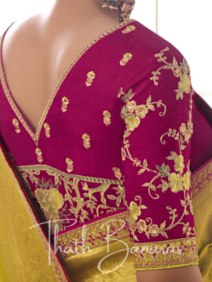 Yellow and magenta Pure Dola Silk Saree with Fancy Lace Border