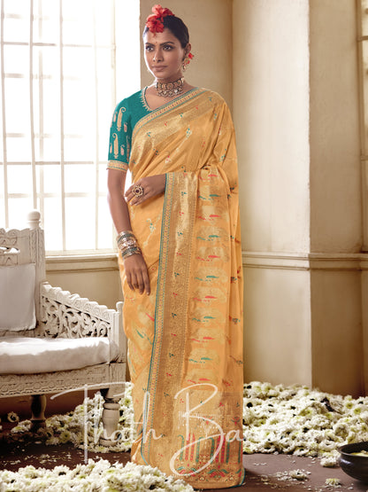 Peach and blue Pure Dola Silk Saree with Fancy Lace Border