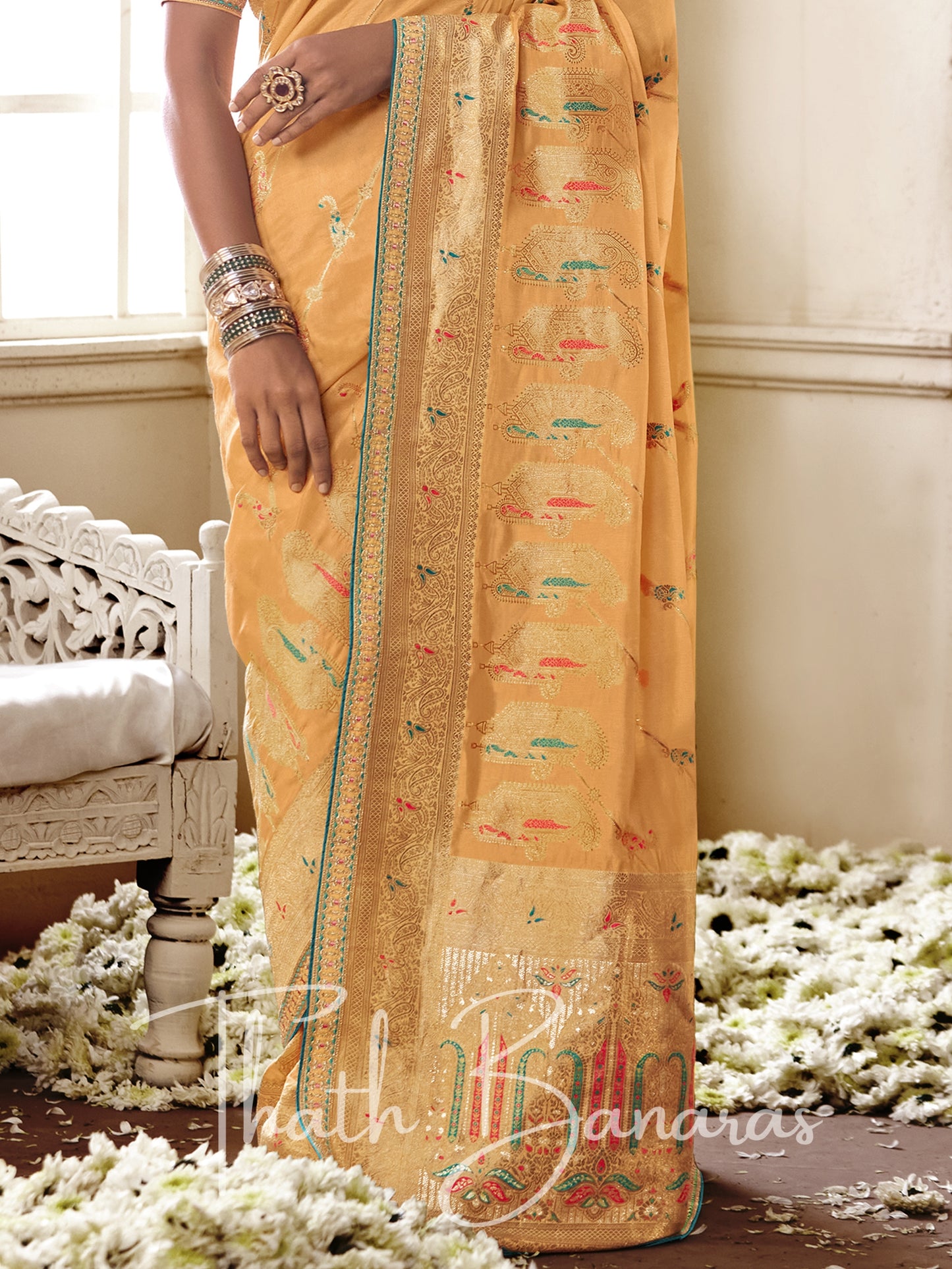 Peach and blue Pure Dola Silk Saree with Fancy Lace Border