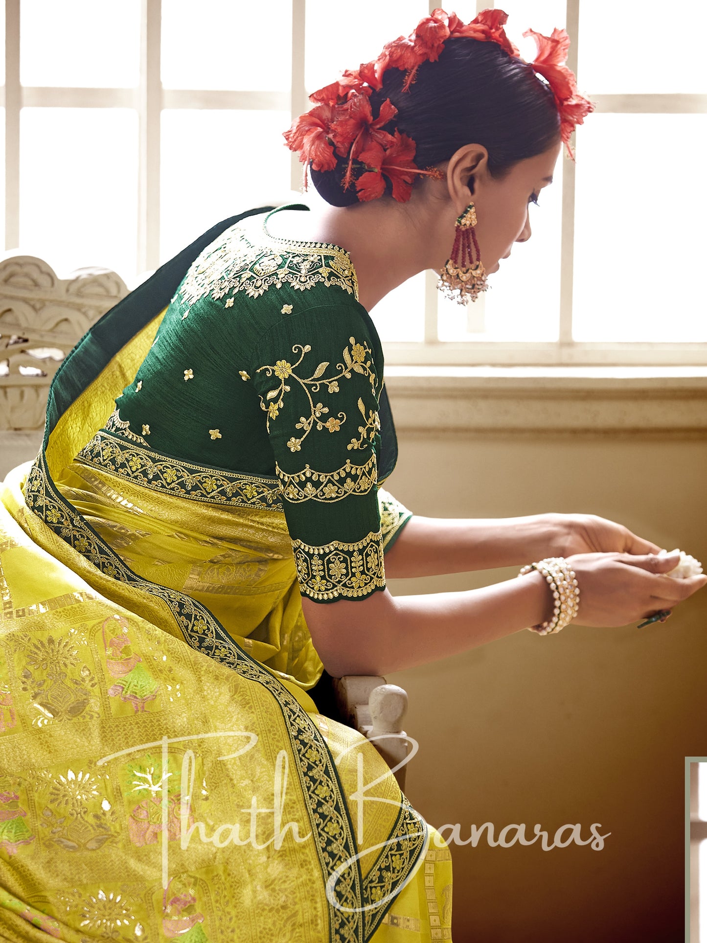 Yellow and green Pure Dola Silk Saree with Fancy Lace Border