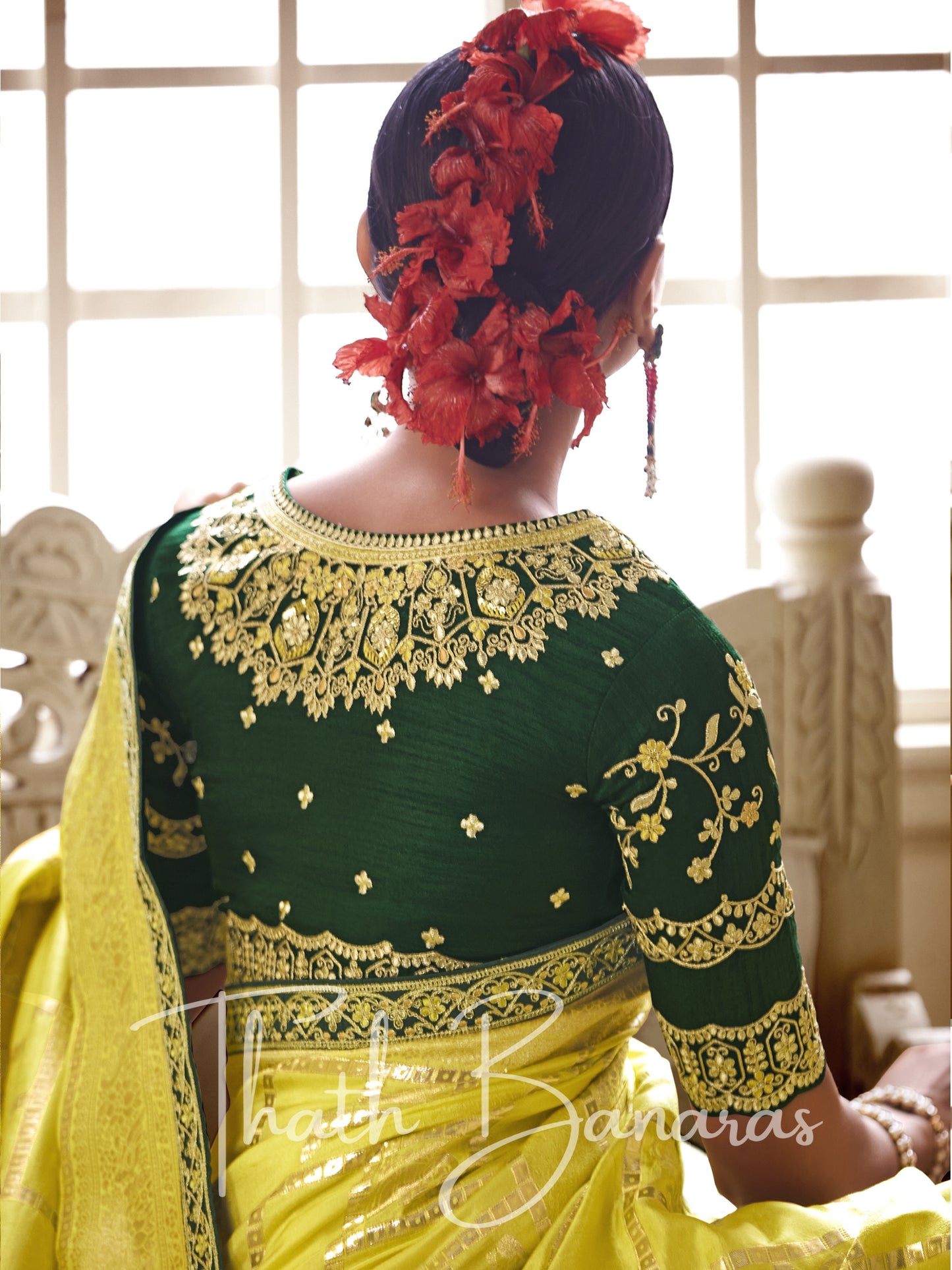 Yellow and green Pure Dola Silk Saree with Fancy Lace Border