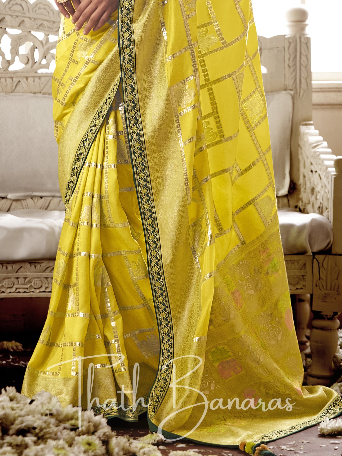 Yellow and green Pure Dola Silk Saree with Fancy Lace Border