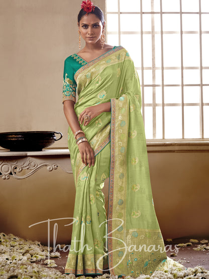 Light green Pure Dola Silk Saree with Fancy Lace Border