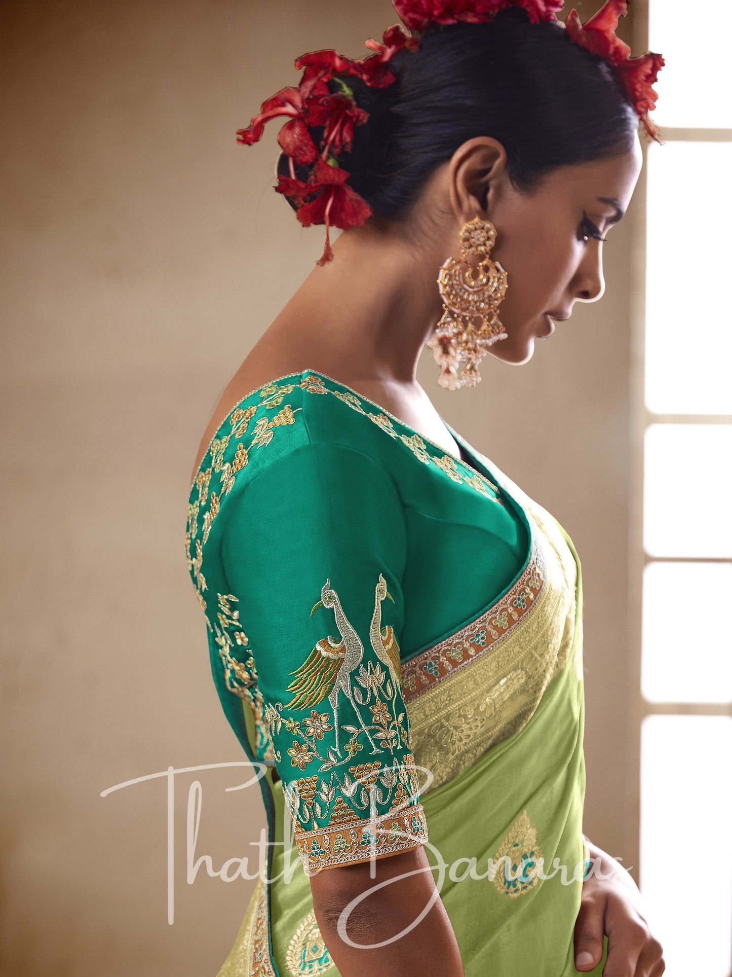 Light green Pure Dola Silk Saree with Fancy Lace Border