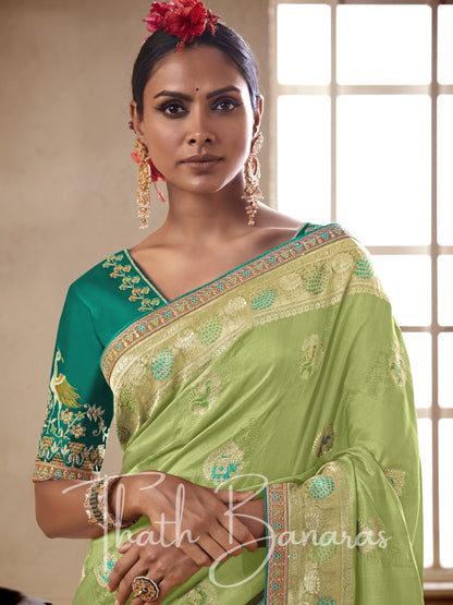 Light green Pure Dola Silk Saree with Fancy Lace Border