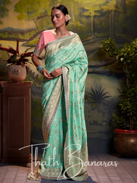 Sage Green Pure Dola Silk with Fancy Lace Border and Embroidery Worked Blouse