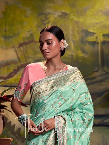 Sage Green Pure Dola Silk with Fancy Lace Border and Embroidery Worked Blouse