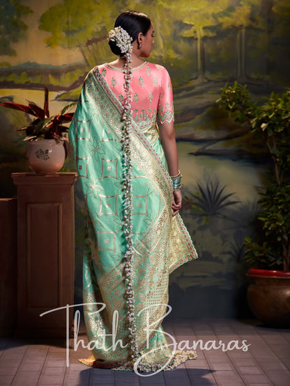 Sage Green Pure Dola Silk with Fancy Lace Border and Embroidery Worked Blouse