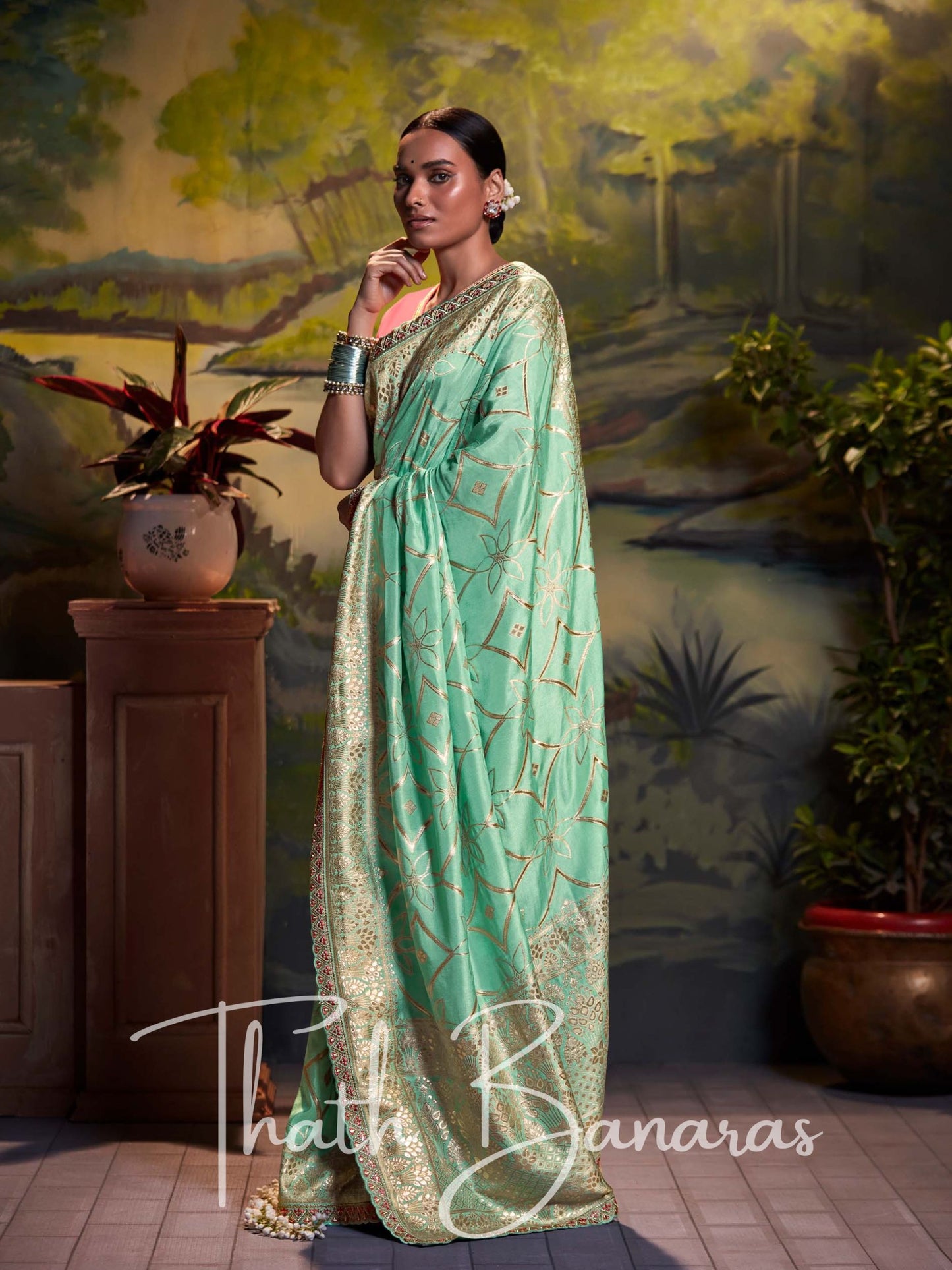 Sage Green Pure Dola Silk with Fancy Lace Border and Embroidery Worked Blouse