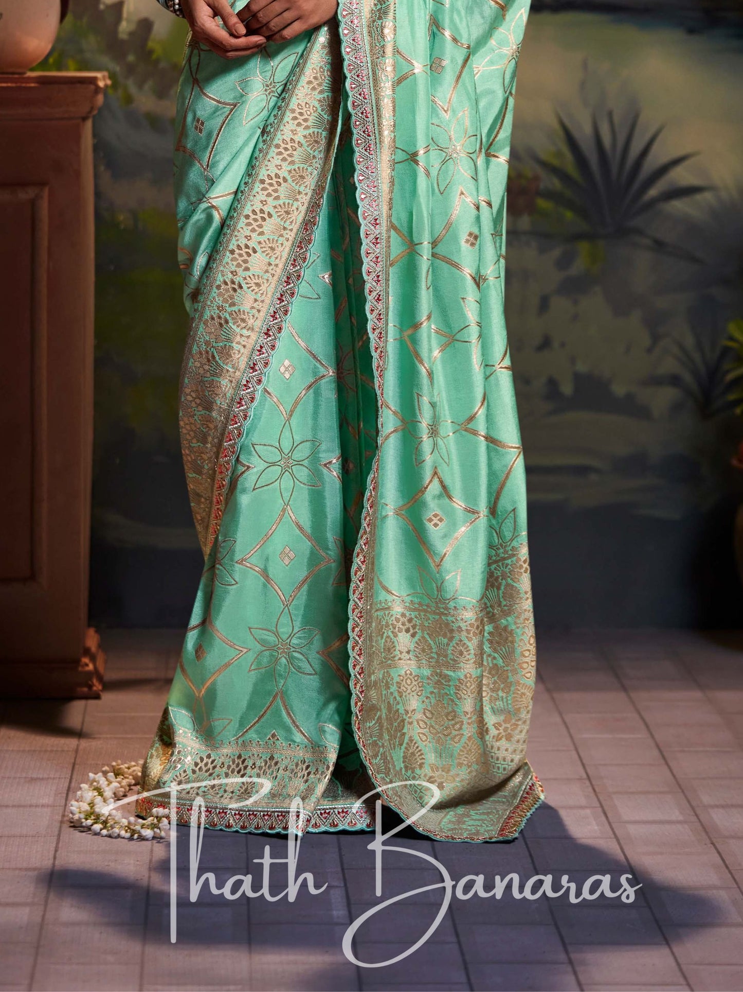 Sage Green Pure Dola Silk with Fancy Lace Border and Embroidery Worked Blouse