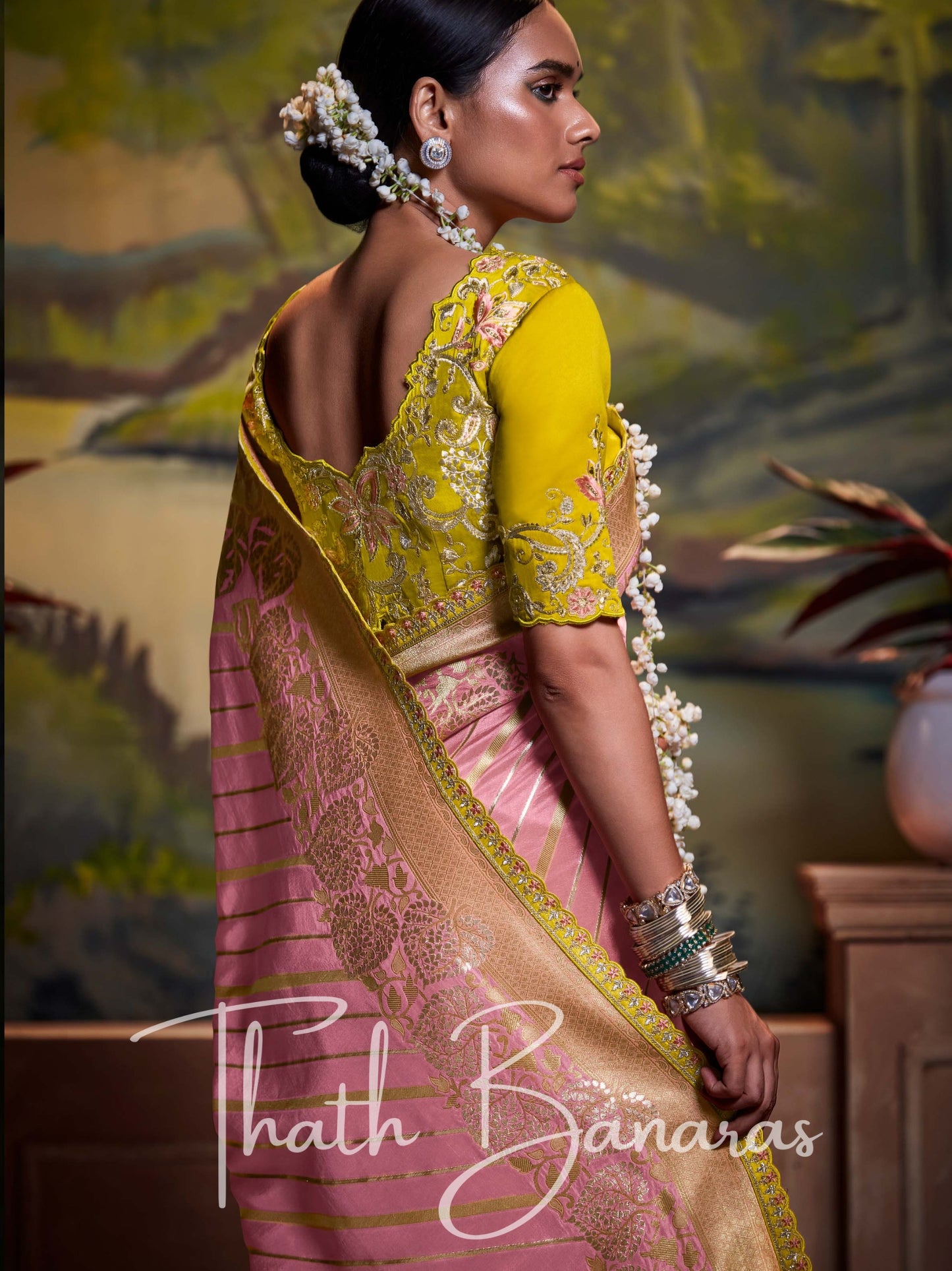 Rose Pink Pure Dola Silk with Fancy Lace Border and Embroidery Worked Blouse