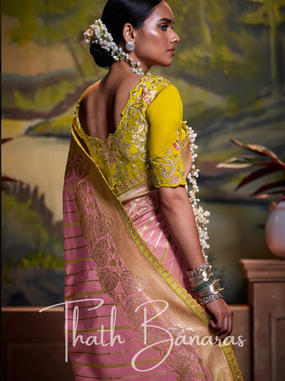 Rose Pink Pure Dola Silk with Fancy Lace Border and Embroidery Worked Blouse