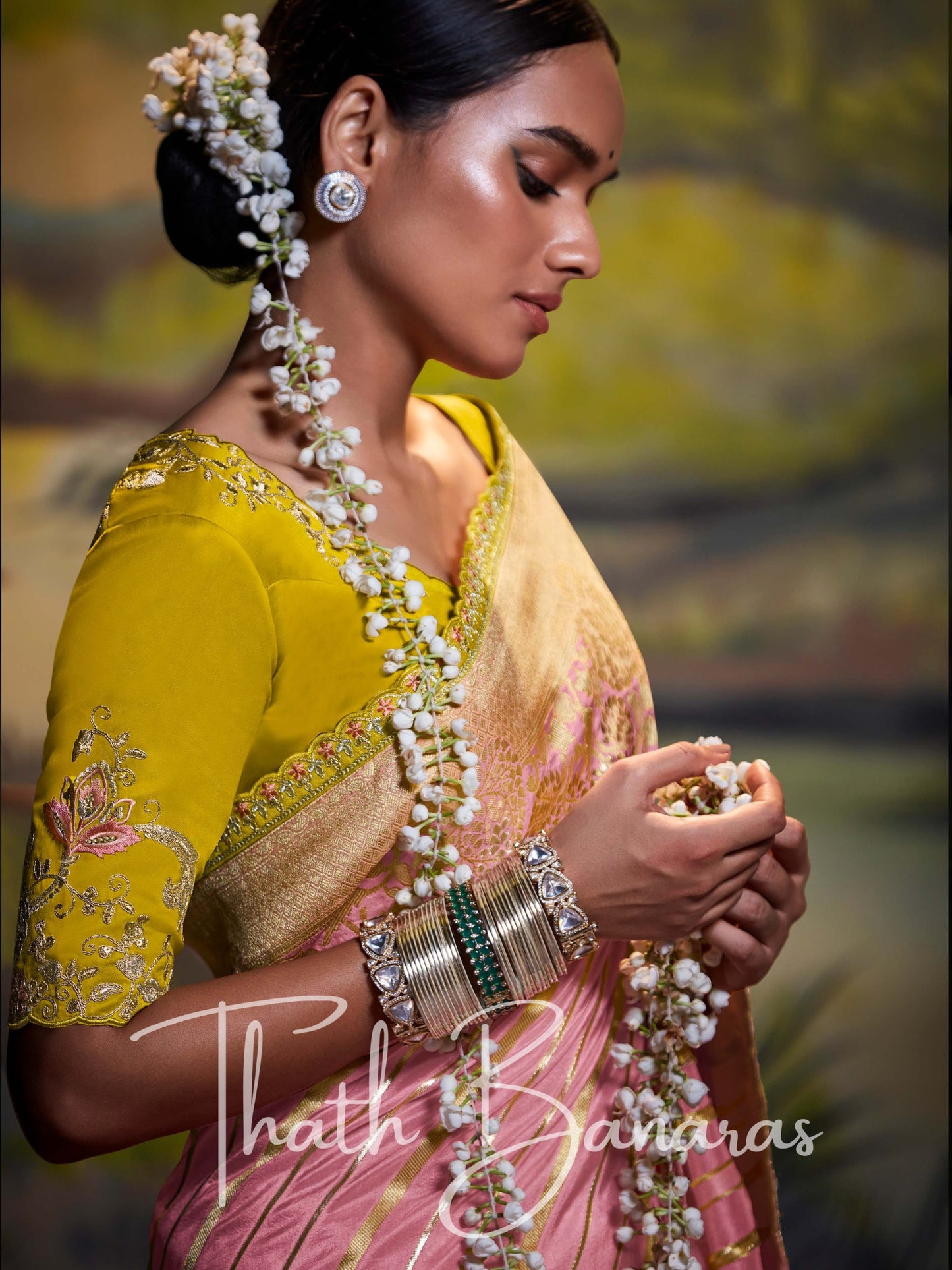 Rose Pink Pure Dola Silk with Fancy Lace Border and Embroidery Worked Blouse