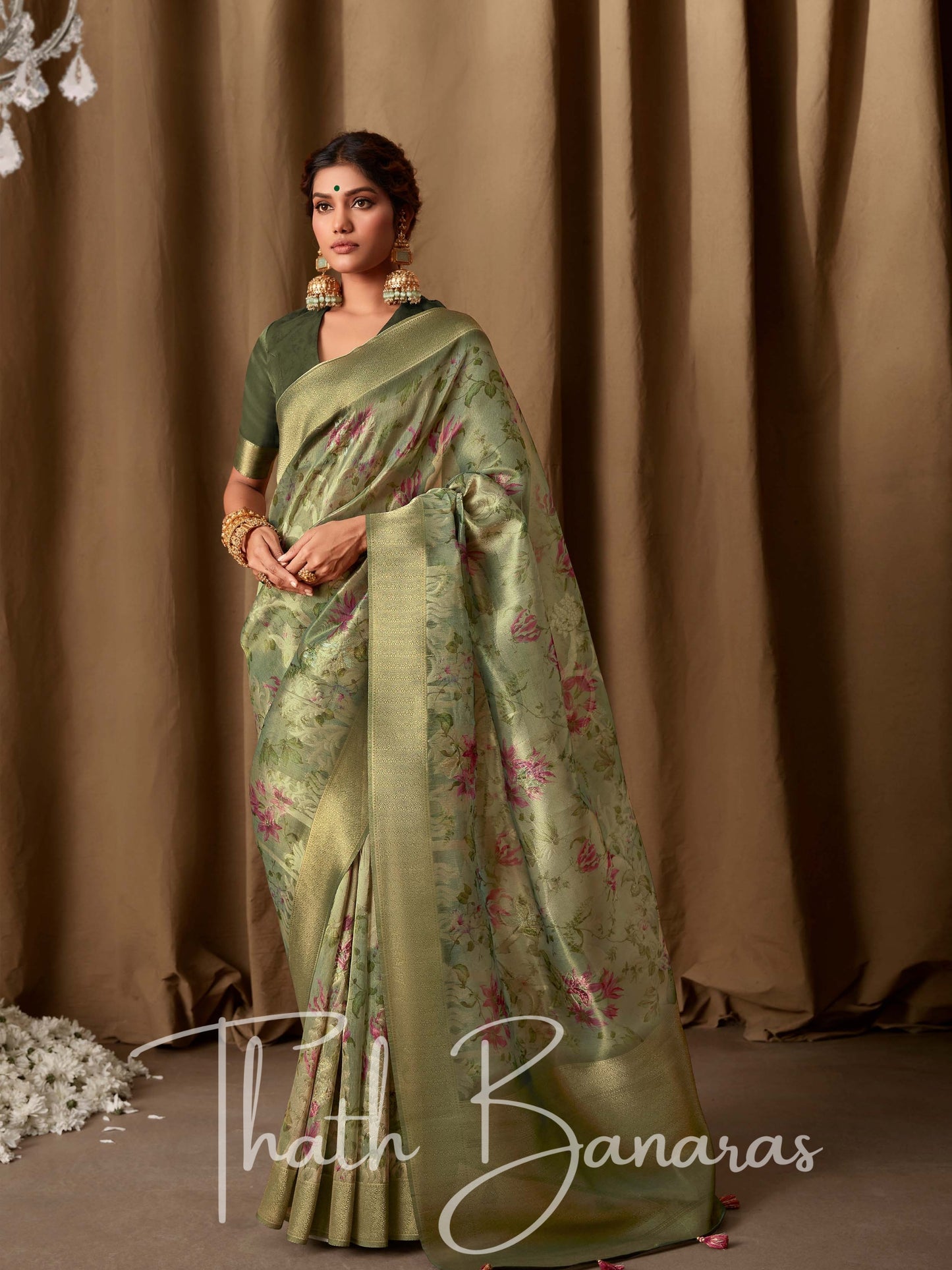 Pastel Green Banarasi Jacquard Tissue Silk Saree with Zari Work