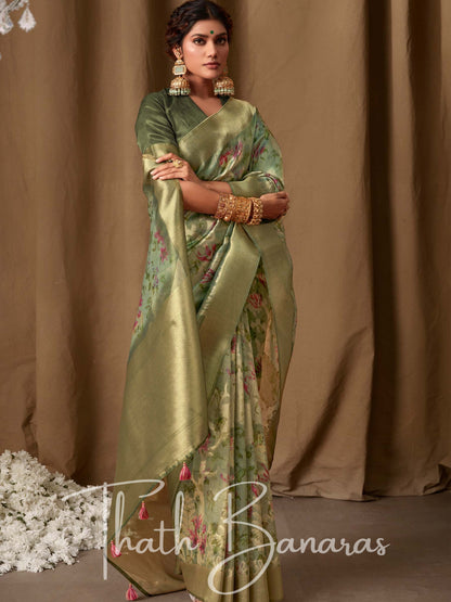 Pastel Green Banarasi Jacquard Tissue Silk Saree with Zari Work