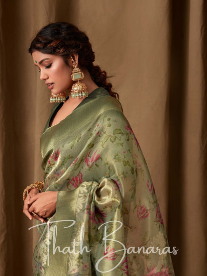 Pastel Green Banarasi Jacquard Tissue Silk Saree with Zari Work