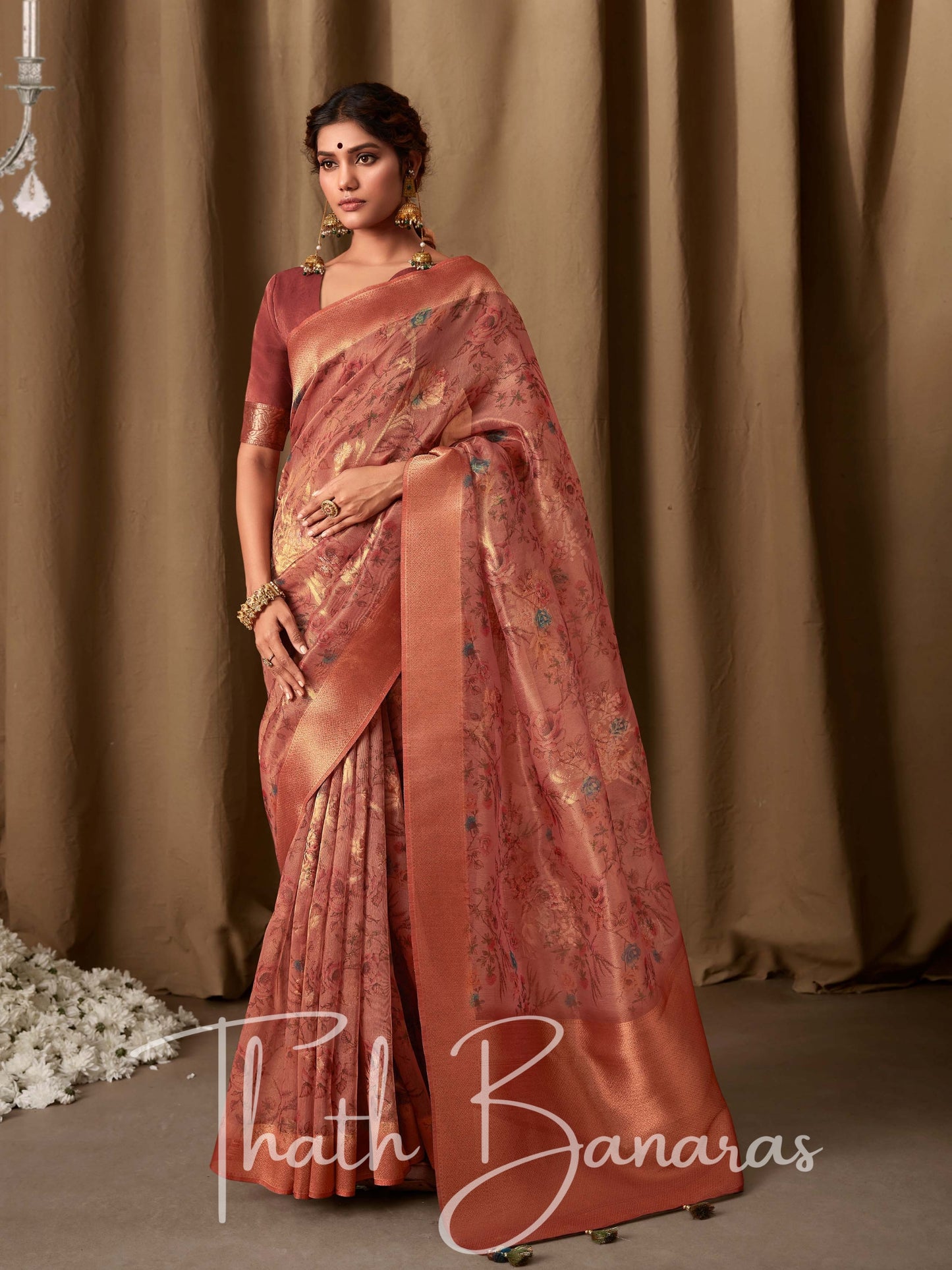 Rosewood Pink Banarasi Jacquard Tissue Silk Saree with Zari Work