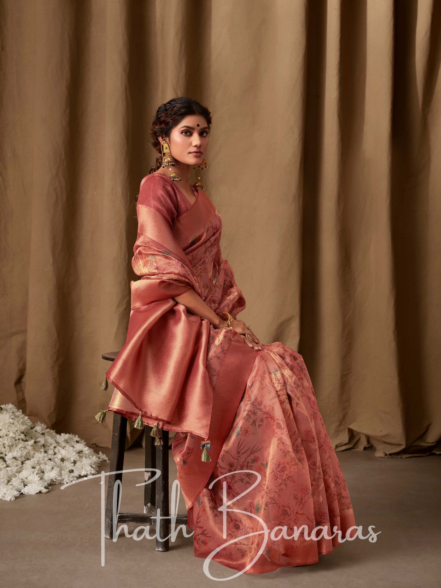 Rosewood Pink Banarasi Jacquard Tissue Silk Saree with Zari Work