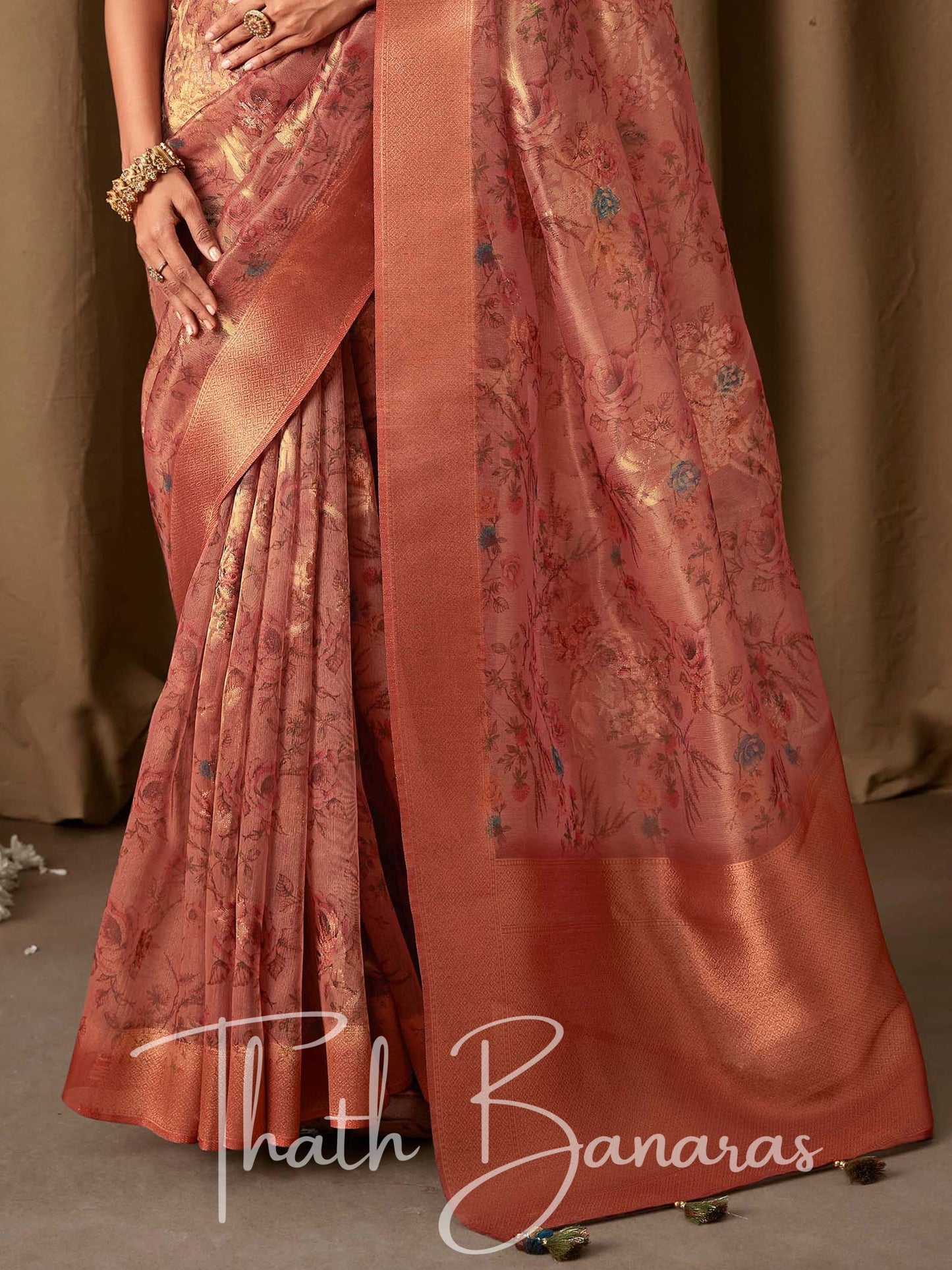 Rosewood Pink Banarasi Jacquard Tissue Silk Saree with Zari Work