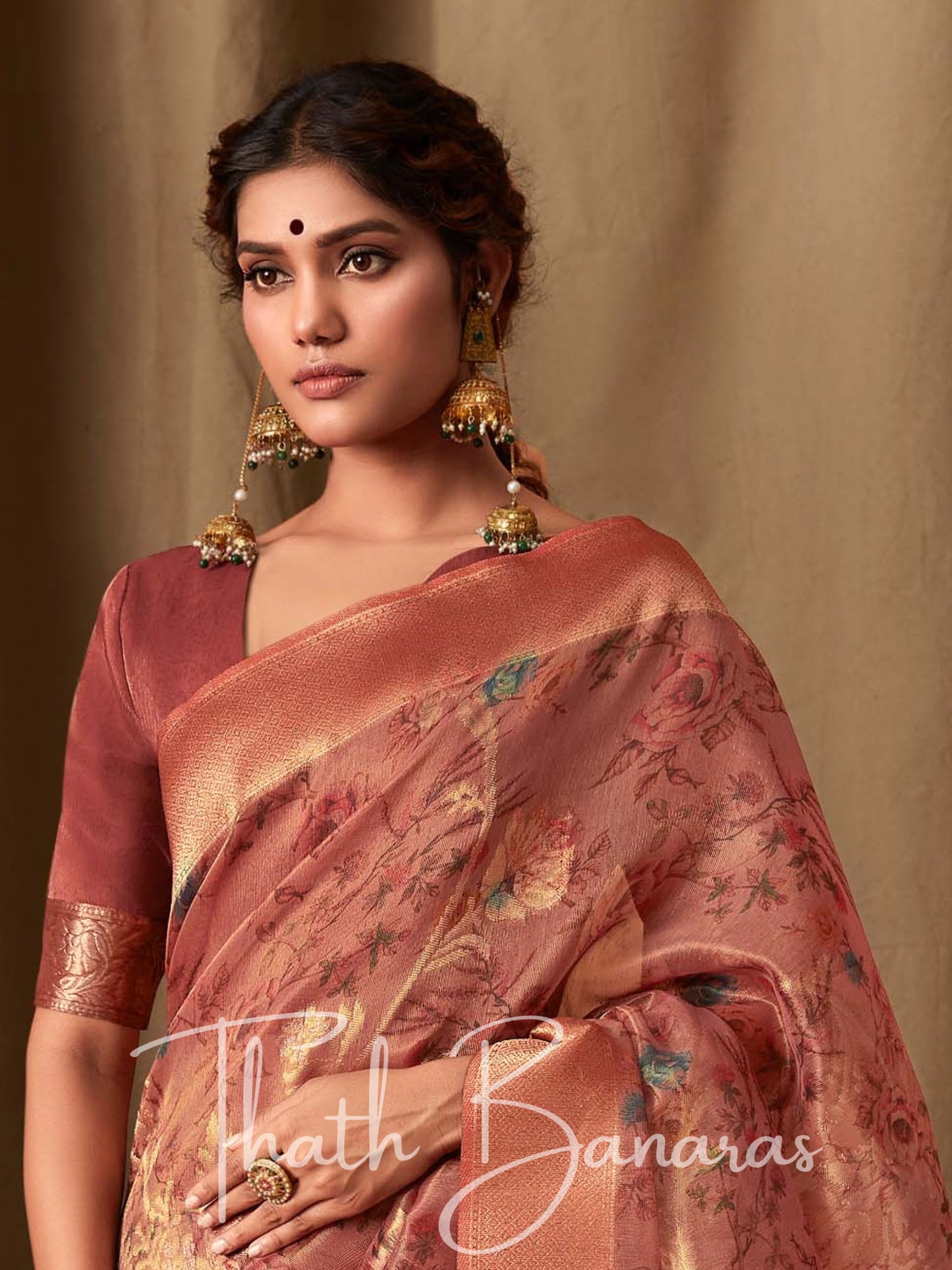 Rosewood Pink Banarasi Jacquard Tissue Silk Saree with Zari Work