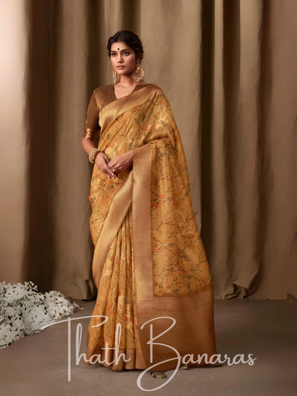 Medallion Yellow Banarasi Jacquard Tissue Silk Saree with Zari Work