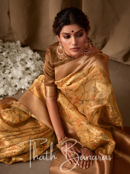 Medallion Yellow Banarasi Jacquard Tissue Silk Saree with Zari Work