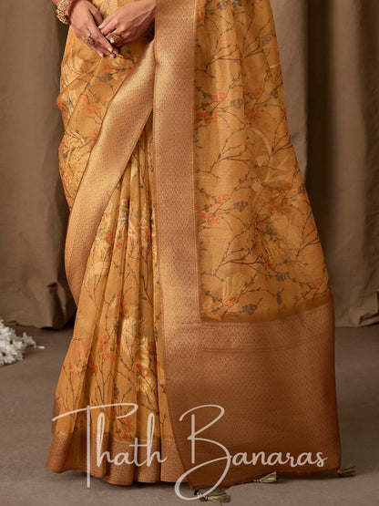 Medallion Yellow Banarasi Jacquard Tissue Silk Saree with Zari Work