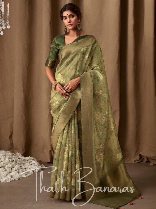 British Green Banarasi Jacquard Tissue Silk Saree with Zari Work