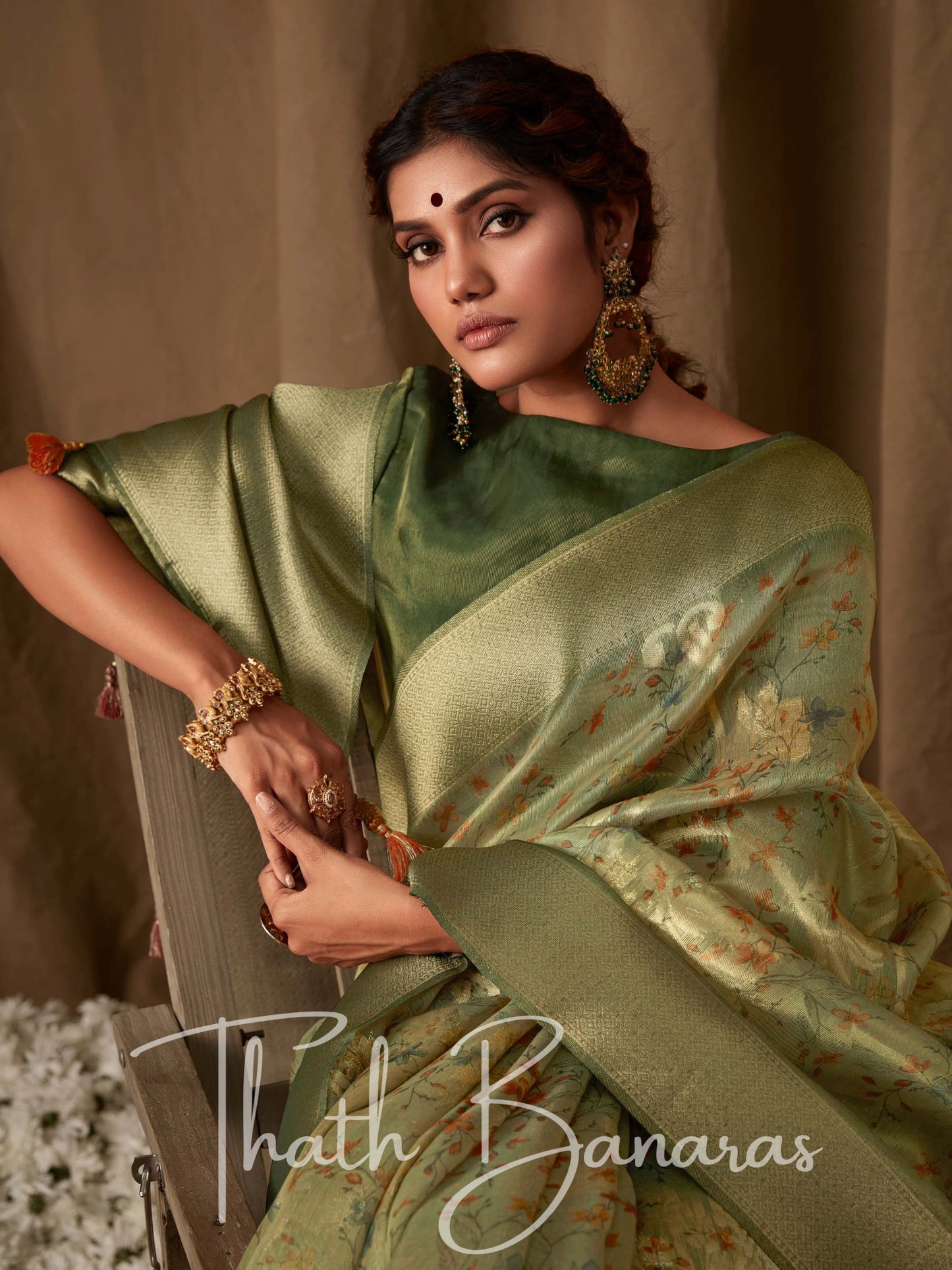 British Green Banarasi Jacquard Tissue Silk Saree with Zari Work