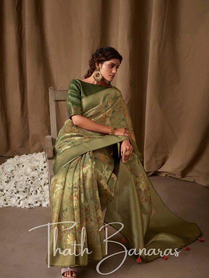 British Green Banarasi Jacquard Tissue Silk Saree with Zari Work