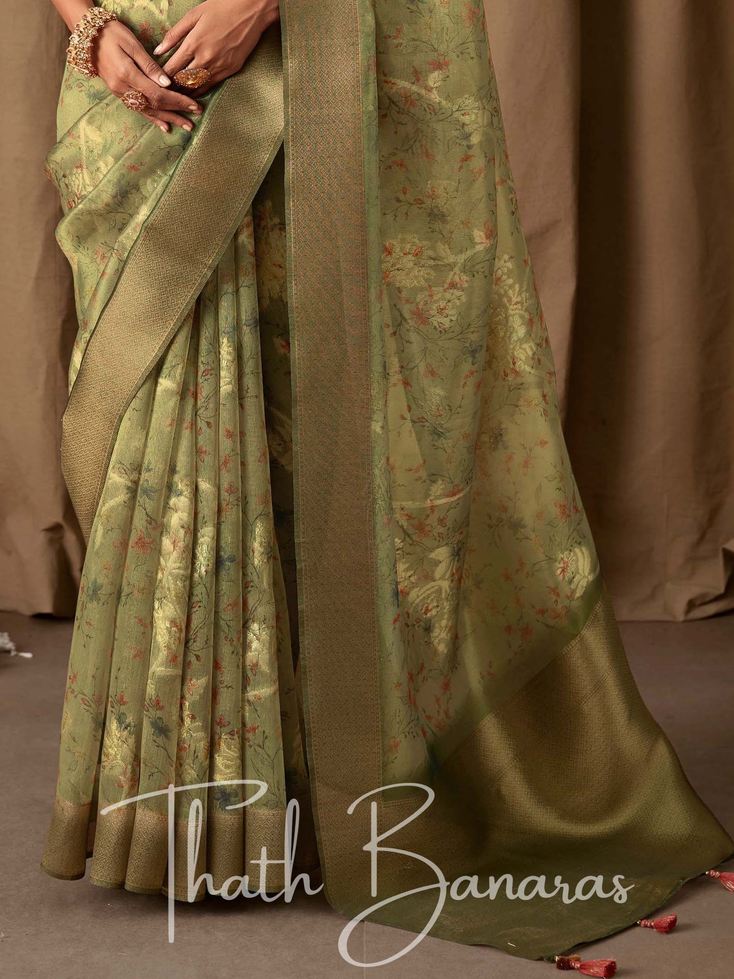 British Green Banarasi Jacquard Tissue Silk Saree with Zari Work