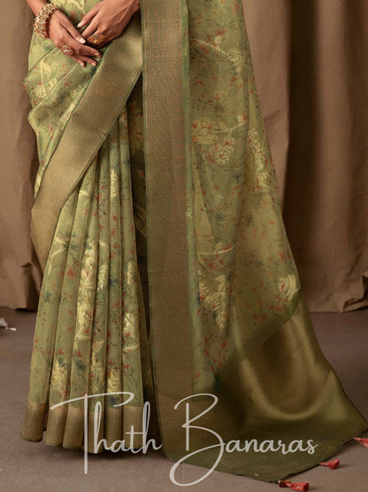 British Green Banarasi Jacquard Tissue Silk Saree with Zari Work