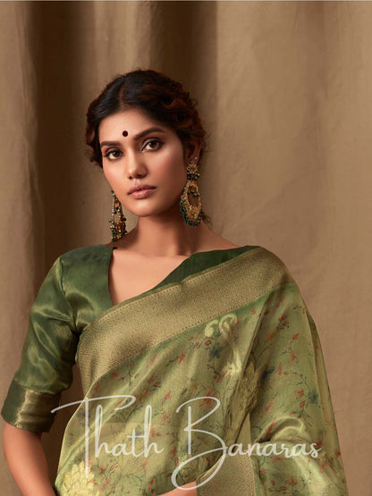 British Green Banarasi Jacquard Tissue Silk Saree with Zari Work