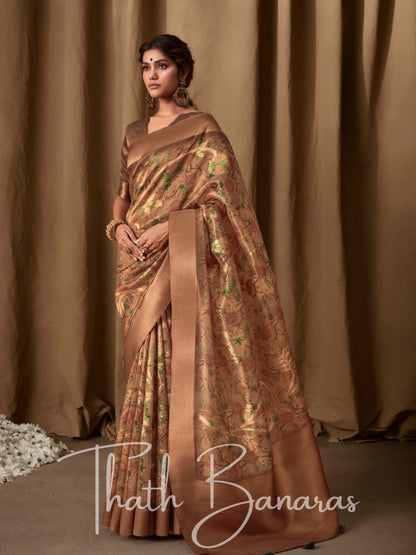 Caramel Brown Banarasi Jacquard Tissue Silk Saree with Zari Work