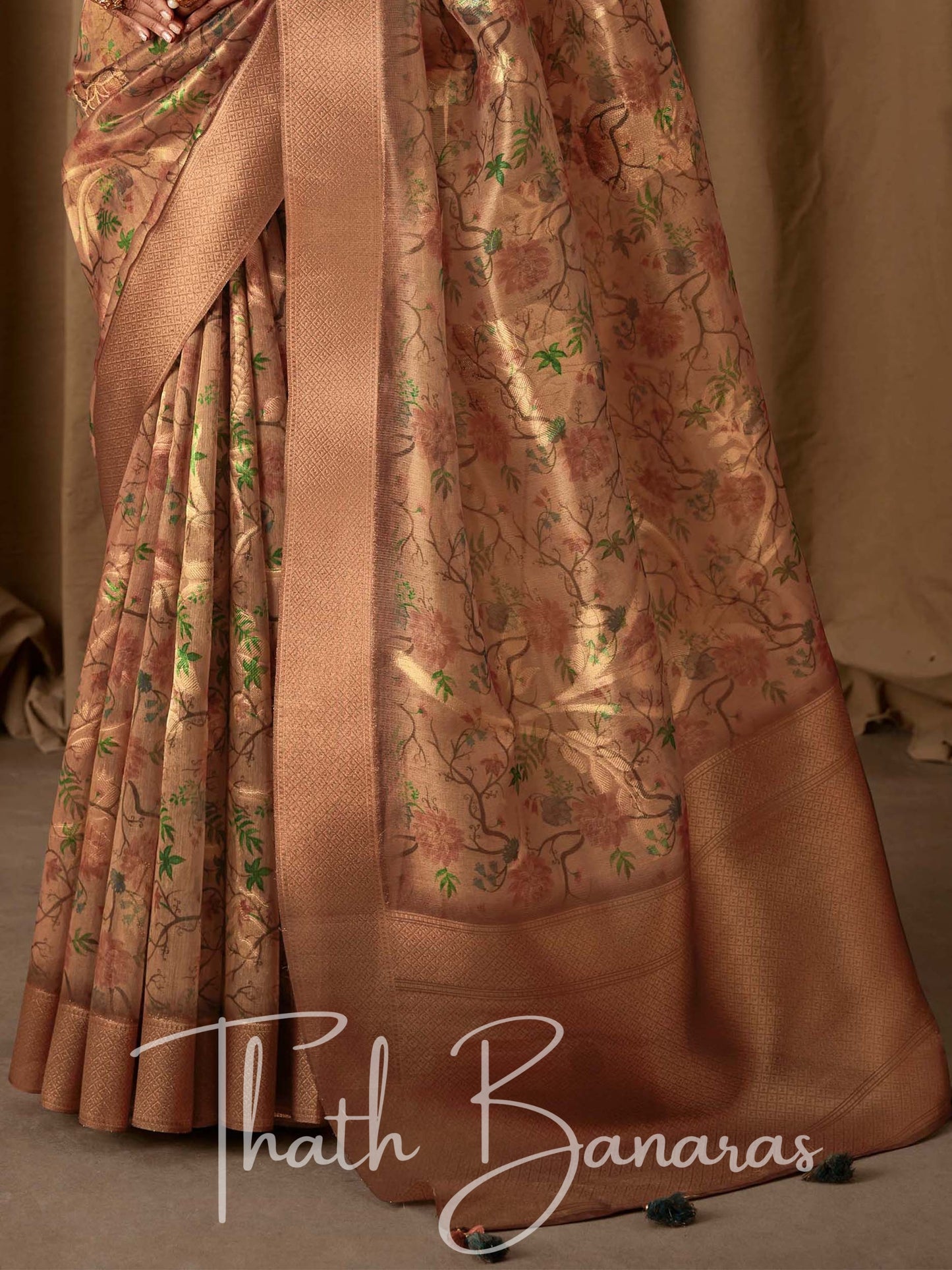 Caramel Brown Banarasi Jacquard Tissue Silk Saree with Zari Work