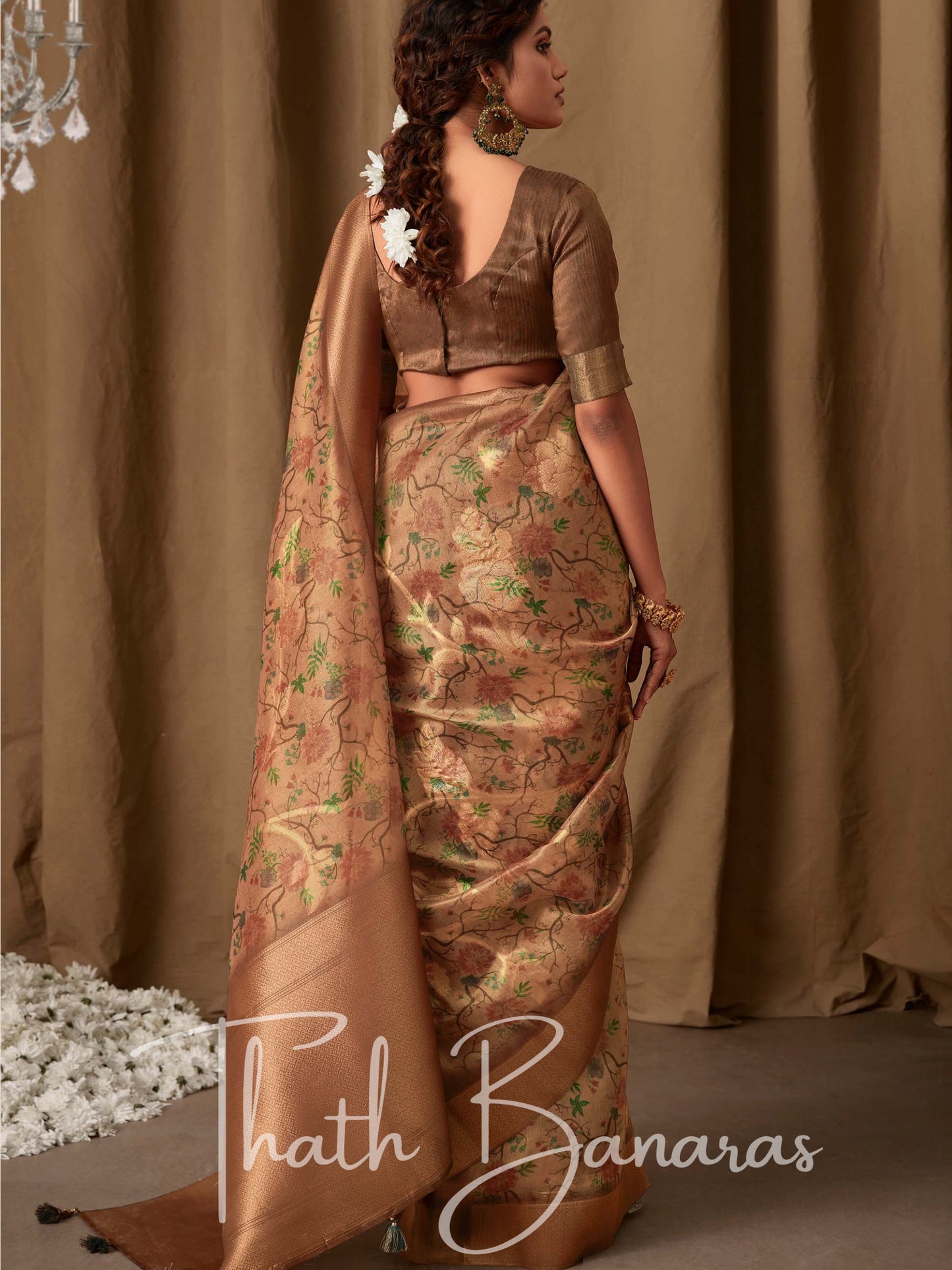 Caramel Brown Banarasi Jacquard Tissue Silk Saree with Zari Work