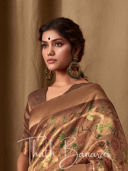 Caramel Brown Banarasi Jacquard Tissue Silk Saree with Zari Work